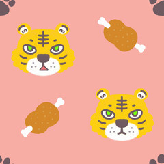 パターン素材_トラと肉/This is an illustration of a tiger and meat. It is a graphic pattern.
