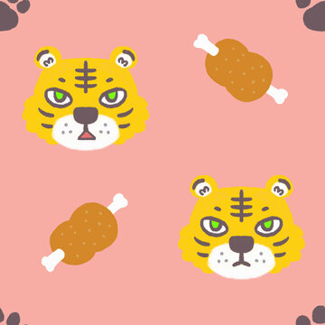 パターン素材_トラと肉/This is an illustration of a tiger and meat. It is a graphic pattern.