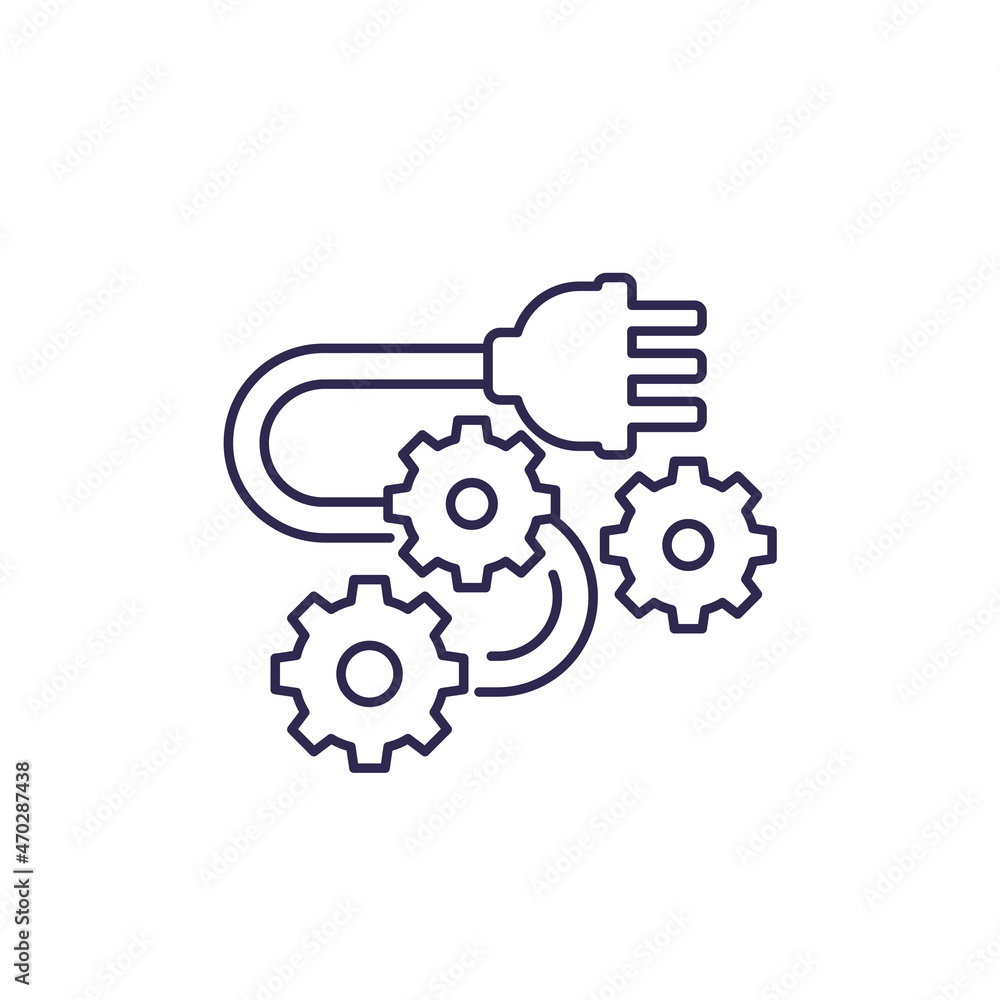 Wall mural electrical plug with 3 pins and gears line vector icon