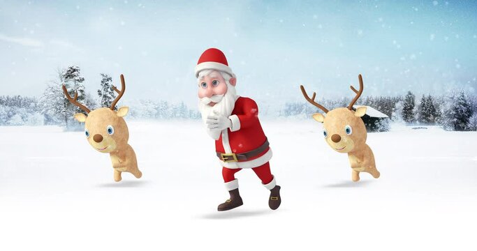 Santa Clause And His Reindeers Dancing And Having Fun. Snowy Day. Christmas, Noel And New Year Related 3D Animation.