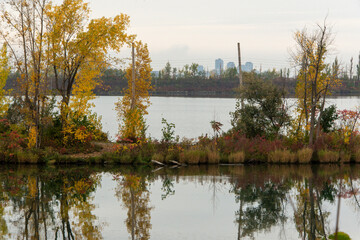 View of the waterway in autumn near Montreal.