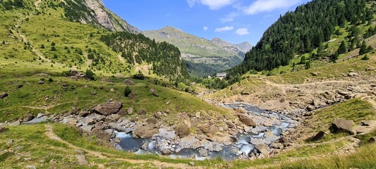 Naklejka na ściany i meble River bend near Cirque de Gavarnie, Pyrenees mountains, France
