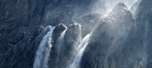 Close up of the waterfall in Cirque de Gavarnie, Pyrenees mountains, France