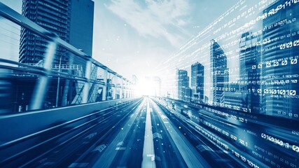 Digital data flow on road in concept of cyber global communication and coding with graphic creating vision of fast speed transfer to show agile digital transformation , disruptive innovation .