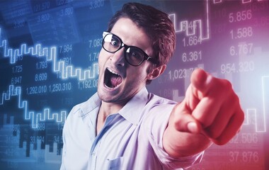 Young caucasian man, guy over dark blue background with the trading graph in graphic concept.