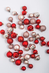 Decorative balls on a white background. Top view, flat lay.
