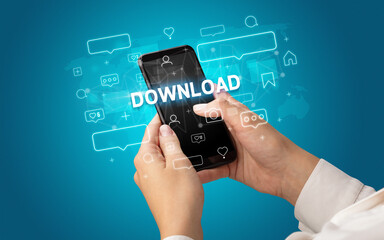 Hand using smartphone with social media concept