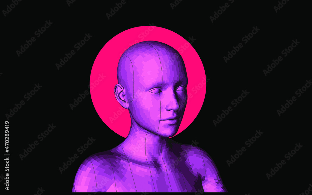 Poster sci-fi synthwave 80's style illustration of a 3d low poly model of a human head. concept for machine