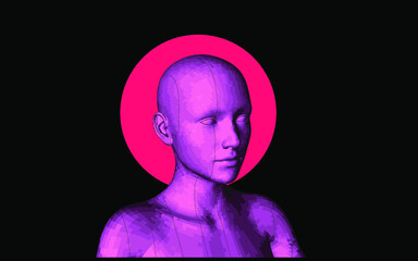 Sci-fi synthwave 80's style illustration of a 3D low poly model of a human head. Concept for Machine Learning, Artificial intelligence and Robotics themes.