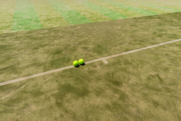 テニスコートのベースラインに並べられたテニスボール2個