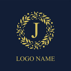 Initial J Letter in Circle Leaves Wreath Frame for Cosmetic, Make up, Fashion, Hotel, Resto, Resort, Real Estate, Apartment Business Logo Vector Template