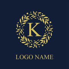 Initial K Letter in Circle Leaves Wreath Frame for Cosmetic, Make up, Fashion, Hotel, Resto, Resort, Real Estate, Apartment Business Logo Vector Template