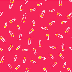 Line Pencil with eraser icon isolated seamless pattern on red background. Drawing and educational tools. School office symbol. Vector