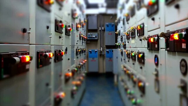 Timelapse of Electrical switchgear room,Industrial electrical switch panel on plant and process control with vintage cold tone for industrial concept.