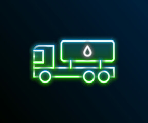 Glowing neon line Tanker truck icon isolated on black background. Petroleum tanker, petrol truck, cistern, oil trailer. Colorful outline concept. Vector