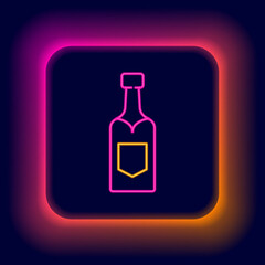 Glowing neon line Champagne bottle icon isolated on black background. Colorful outline concept. Vector