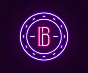 Glowing neon line Cryptocurrency coin Bitcoin icon isolated on black background. Physical bit coin. Blockchain based secure crypto currency. Colorful outline concept. Vector