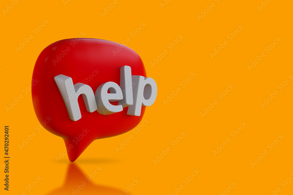 Poster help concept, word help in speech bubble isolated on orange background with shadow. 3d rendering