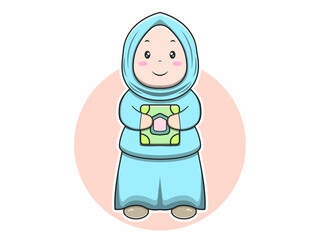Cute young girl muslim character vector icon illustration. Isolated flat design.