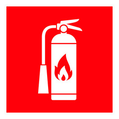 Fire safety sign Fire Extinguisher. Raster red symbol. Isolated sticker of fire protection, hazard, extinguishing. - obrazy, fototapety, plakaty