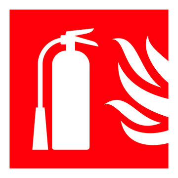 Fire safety sign Fire Extinguisher. Raster red symbol. Isolated sticker of fire protection, hazard, extinguishing.