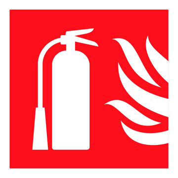 Fire safety sign Fire Extinguisher. Vector red symbol. Isolated sticker of fire protection, hazard, extinguishing.