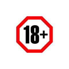 18+ age restriction sign. Icon only 18 plus, censored. Under eighteen years prohibition sticker, adults only. Raster symbol.