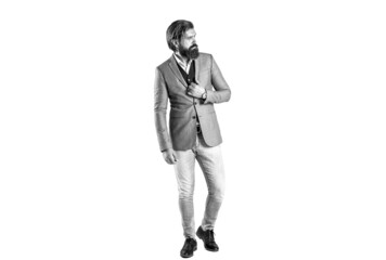 Naklejka premium Elegant handsome man in suit. Handsome bearded businessman in classic suits. Man in suit. Male beard and mustache. Sexy male, brutal macho, hipster. Hand in with wrist watch in a business suit