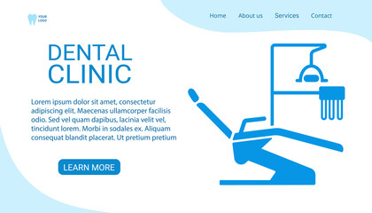 Dental clinic. Dentistry website landing page template, poster, flyer. Dental clinic banner with dental chair. Background for presentation. Flat vector illustration isolated blue on white background