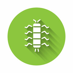 White Centipede insect icon isolated with long shadow background. Green circle button. Vector