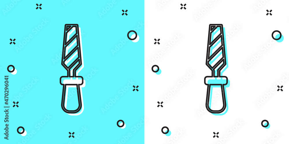 Poster black line rasp metal file icon isolated on green and white background. rasp for working with wood a