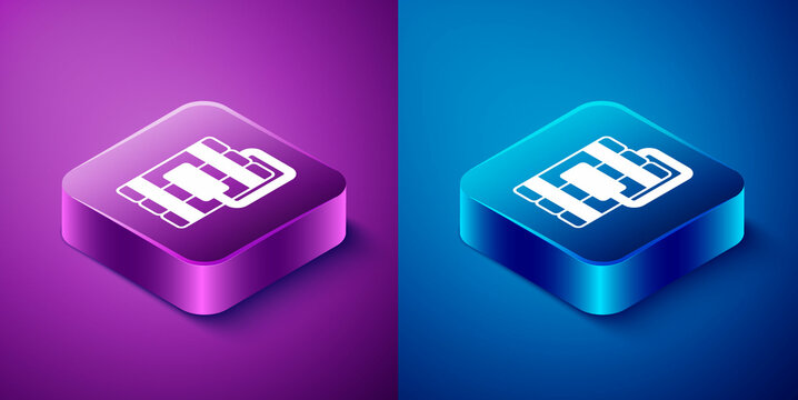 Isometric Detonate dynamite bomb stick and timer clock icon isolated on blue and purple background. Time bomb - explosion danger concept. Square button. Vector