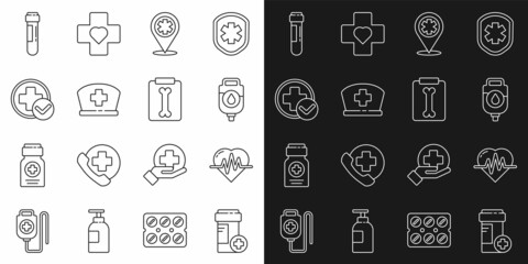 Set line Medicine bottle, Heart rate, IV bag, Map pointer with cross hospital, Nurse hat, Cross medical, Test tube blood and X-ray shots icon. Vector