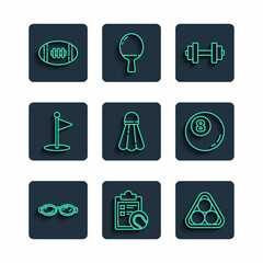 Set line Glasses for swimming, Checklist clipboard and tennis ball, Billiard balls rack triangle, Dumbbell, Badminton shuttlecock, Golf flag, American Football and pool snooker icon. Vector
