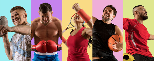 Sport collage. Emotions. Tennis, basketball, boxing, soccer and rugby players