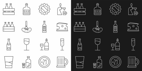 Set line Wooden beer mug, Glass of champagne, Cheese, Bottle cap, Pickled cucumber on fork, Bottles wine in wooden box, Pack bottles and vodka icon. Vector