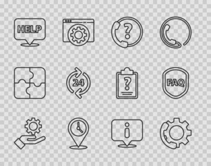 Set line Settings in the hand, Telephone 24 hours support, Location with clock, Speech bubble text Help, Information and Shield FAQ icon. Vector