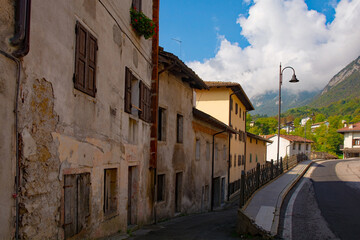 Residential buildings in the historic town of Ampezzo in Udine Province, Friuli-Venezia Giulia, north east Italy
