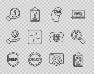 Set line Shield with text Help, Checklist 24 hours service, Support operator in touch, Clock, Information, Piece of puzzle, Browser setting and Unknown search icon. Vector