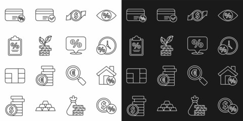Set line Money coin with percent, House percant discount, Clock and, Financial growth dollar, Dollar plant, Finance document, Discount card and tag icon. Vector