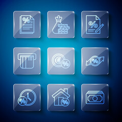 Set line Clock and percent, House with percant discount, Stacks paper money cash, Finance document, Money coin, Credit card, and Discount tag icon. Vector