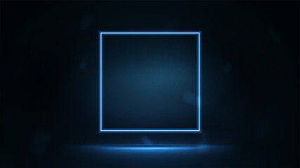 Square neon blue frame in dark room. Dark scene with square frame for your arts
