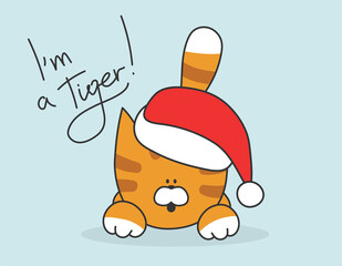 Fun cartoon tiger vector illustration. Happy Chinese New Year. Cute cat in santa hat design for holiday.