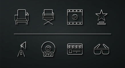 Set line Cinema chair, Movie spotlight, trophy, clapper, CD or DVD disk, Director movie, 3D cinema glasses and Play Video icon. Vector