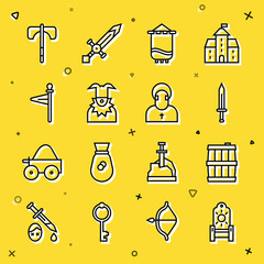 Set line Medieval throne, Wooden barrel, sword, flag, Joker head, axe and Monk icon. Vector