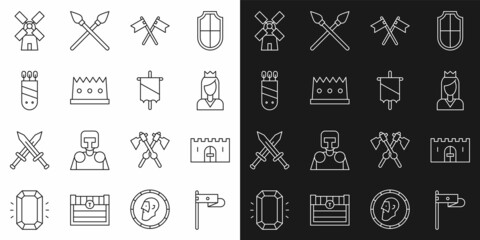 Set line Medieval flag, castle gate, Princess, Crossed medieval, King crown, Quiver with arrows, Windmill and icon. Vector