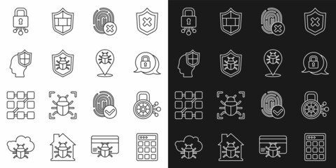 Set line Password protection, Cyber security, Cancelled fingerprint, System bug, Head with shield, and icon. Vector