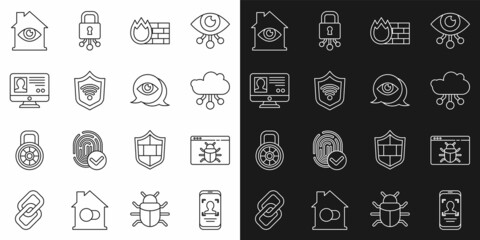 Set line Mobile and face recognition, System bug, Internet of things, Firewall, security wall, Shield with WiFi wireless, Create account screen, House eye scan and Eye icon. Vector