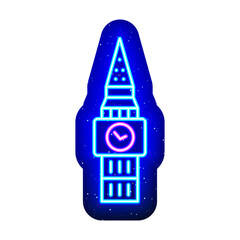 Blue neon england clock tower icon. Midnight blue. Neon clock tower and annex architectural design. Realistic neon icon. There is mask area on White Background.