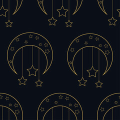 Seamless pattern with gold moon and stars on black background. Line art vector. Vintage design for print on fabric, wrapping paper, card, wallpaper, packaging. Vector illustration